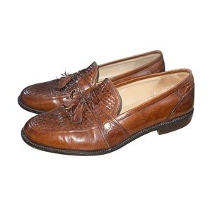 Johnston & Murphy Men’s Brown Leather Woven Vamp Tassel Loafers Italy Size 10
